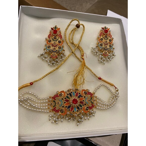 Nauratan Choker Jewelry Set Semi Precious stone Indian Pakistani Bridalwear NWT - Picture 2 of 12